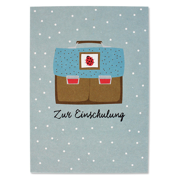 Postkarte 'Schulranzen Marienkäfer ocker/blau – Zur Einschulung' AvaundYves