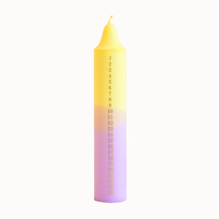 AdventskalenderKerze gelb flieder / yellow purple