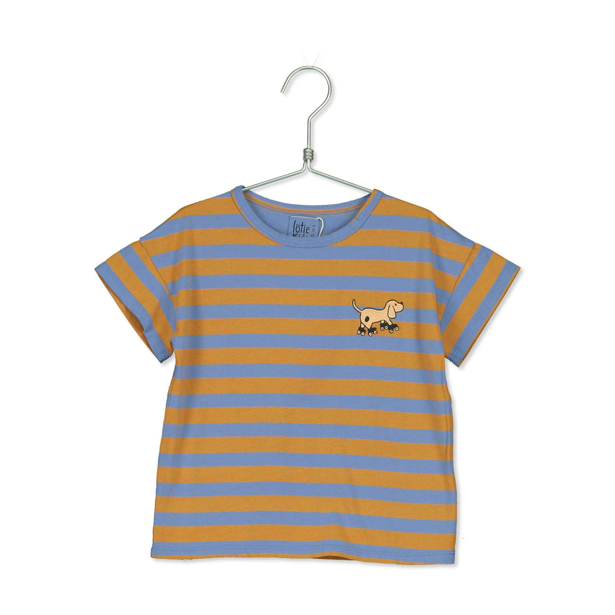 Lötiekids Short Sleeve T-Shirt 'STRIPES+DOG EMBROIDERY / BLUE'