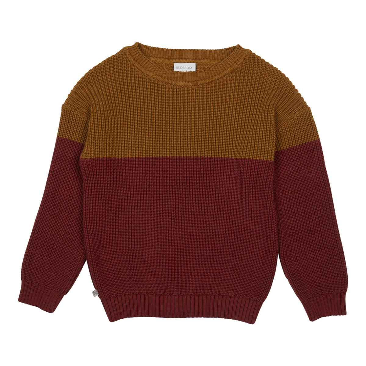Strickpullover aus BioBaumwolle 'Colorblock gold dunkelrot' BlossomKids
