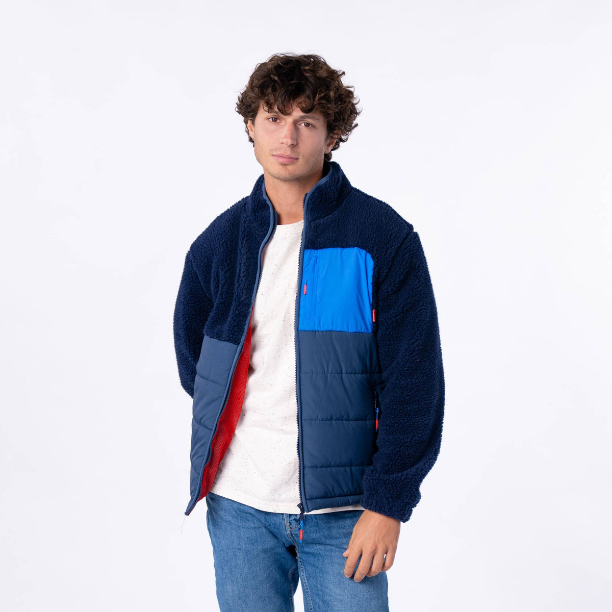 Zweifarbige Jacke aus Sherpa in Marineblau