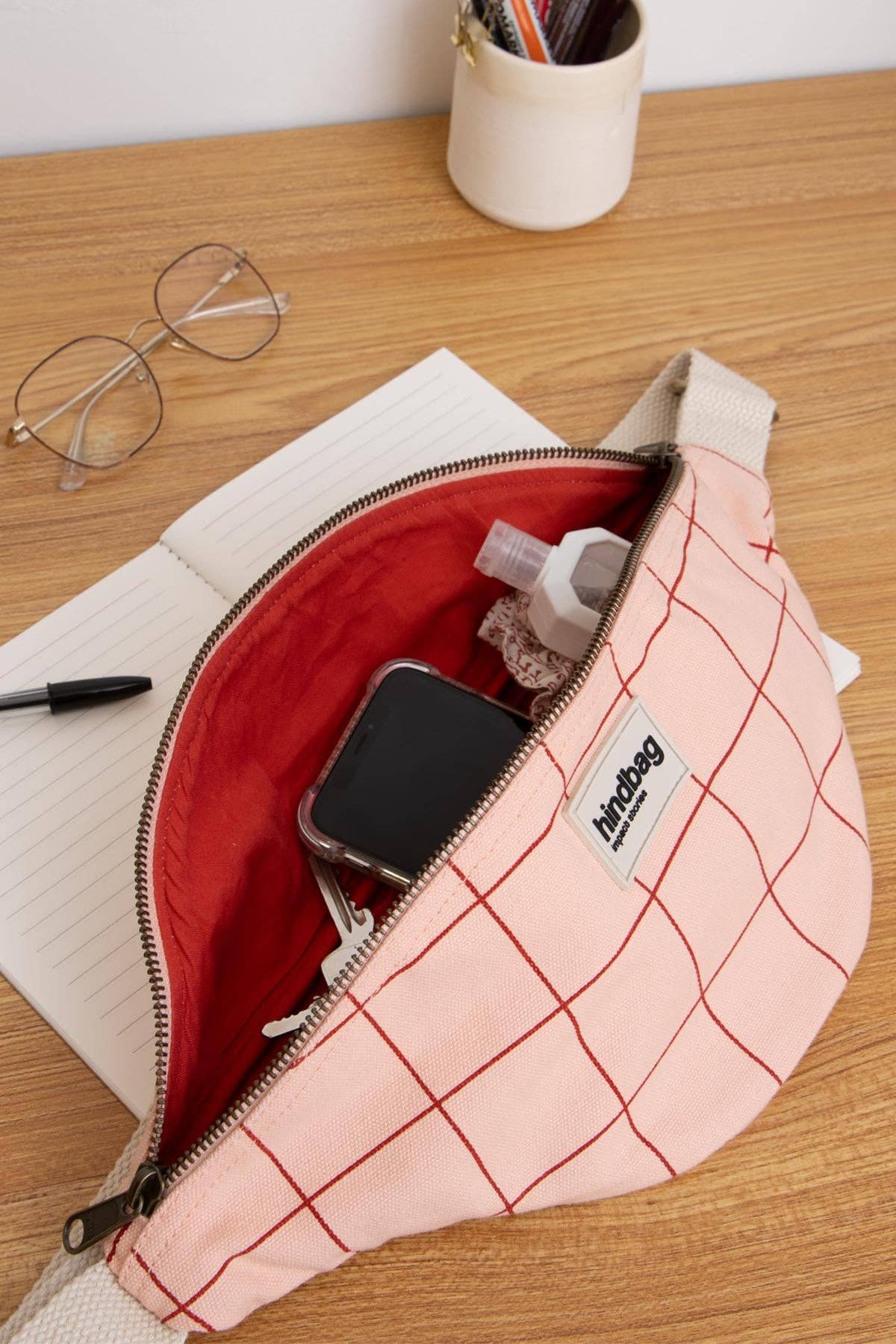 Olivia Gürteltasche Karomuster rosa/rot