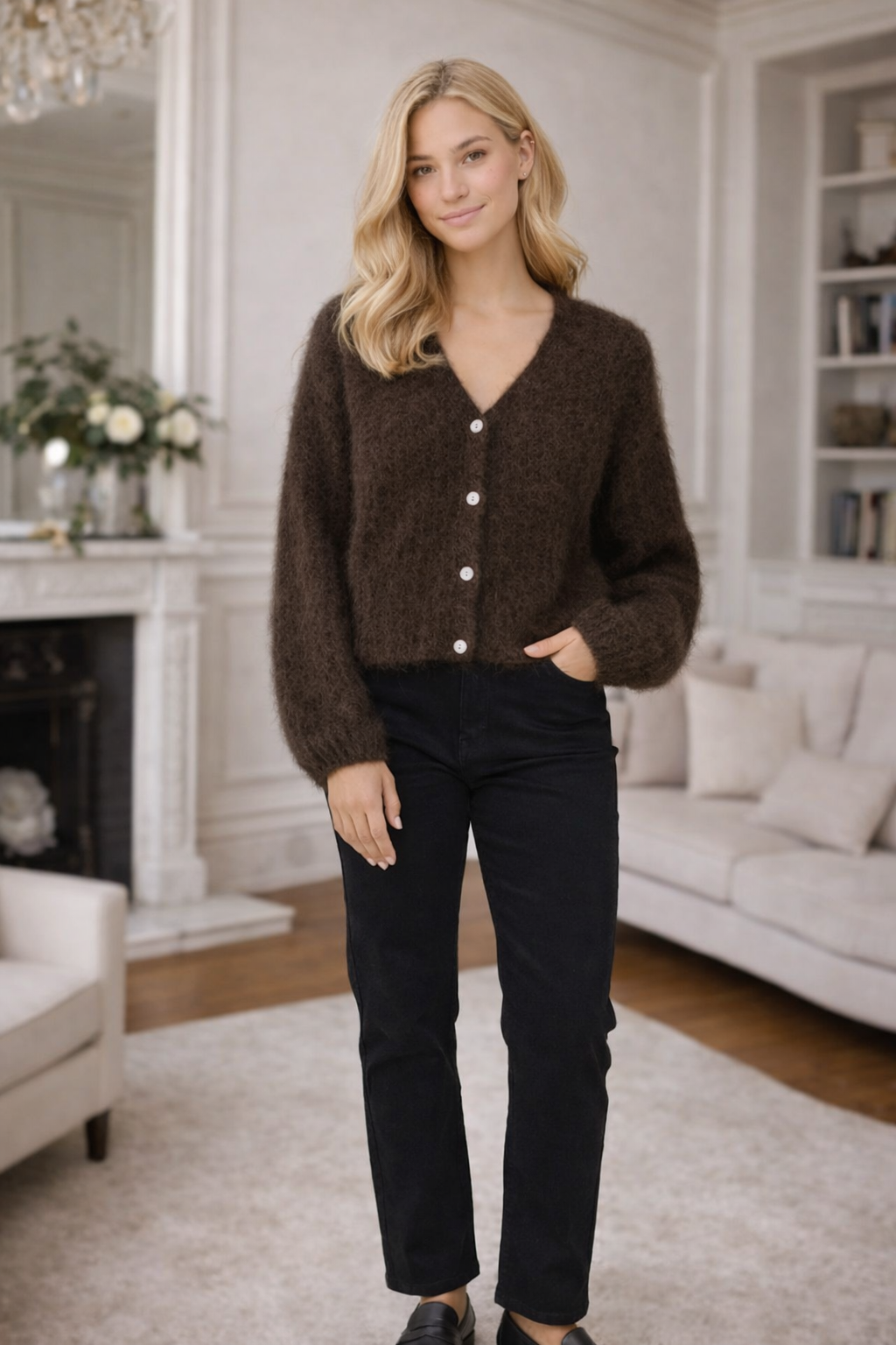 Mohair Cardigan – mit V-Ausschnitt, Knöpfen, langen Ärmeln aus 80% Kidmohair