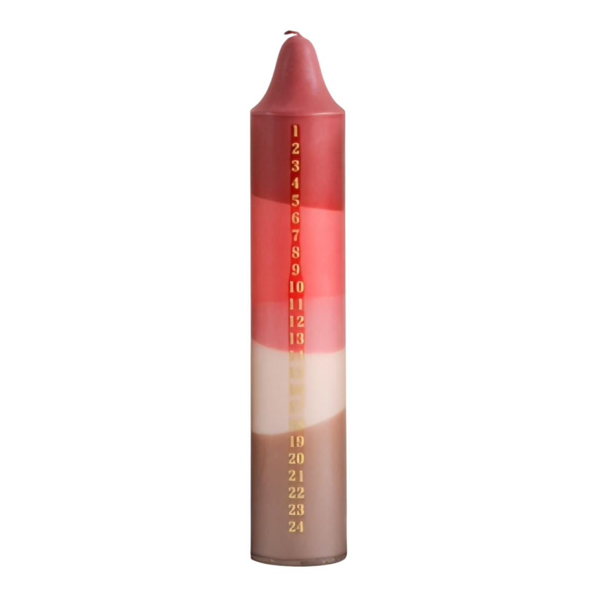 AdventskalenderKerze dunkelrot, rot, beige, braun
